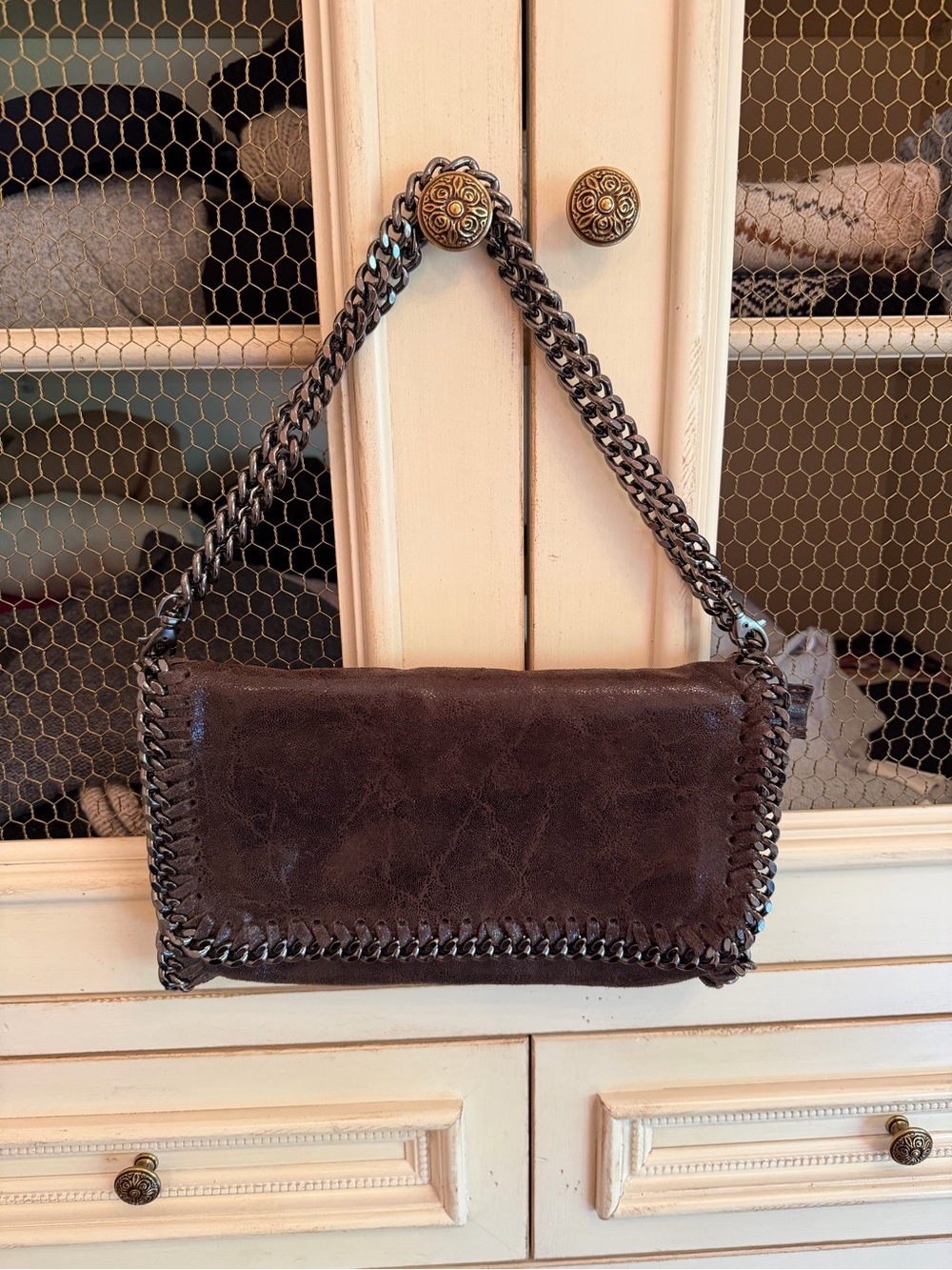 Dark Brown Chain-Trim Leather Shoulder Bag